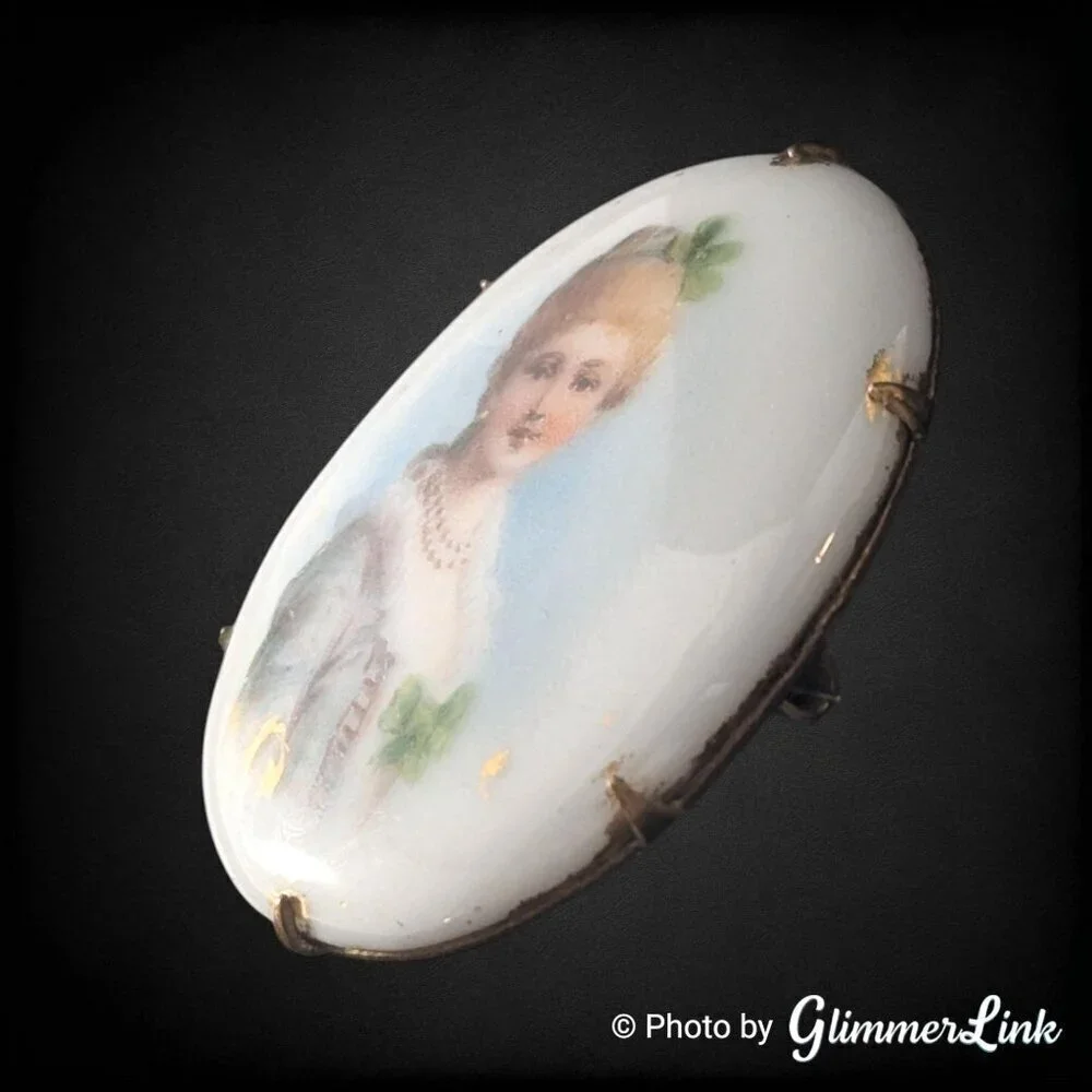 Antique Victorian Porcelain Miniature Portrait Brooch Lady Transferware C Clasp